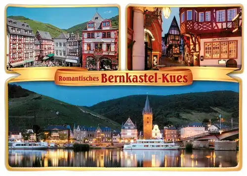 AK / Ansichtskarte 73945073 Bernkastel-Kues_Berncastel Motive Altstadt Fachwerkhaeuser Spitzhaus Blick ueber die Mosel Fahrgastschiff