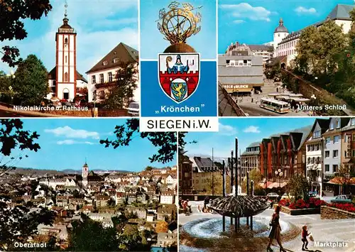 AK / Ansichtskarte 73945350 Siegen__Westfalen Kirche Rathaus Wappen Schloss Panorama Oberstadt Marktplatz Brunnen
