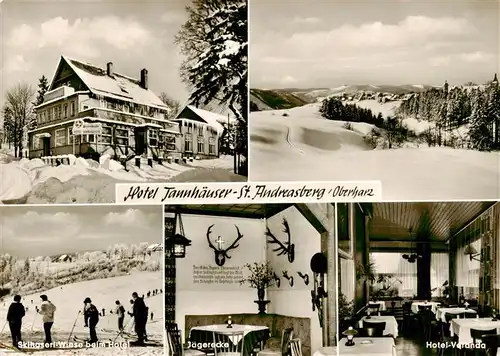 AK / Ansichtskarte 73945963 St_Andreasberg_Harz Winterpanorama Landschaft Hotel Tannhaeuser Skipiste