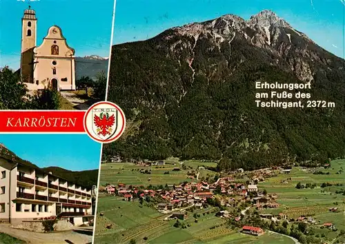AK / Ansichtskarte 73946003 Karroesten_Tirol_AT Panorama Erholungsort am Fusse des Tschirgant Luftaufnahme Kirche Hotel