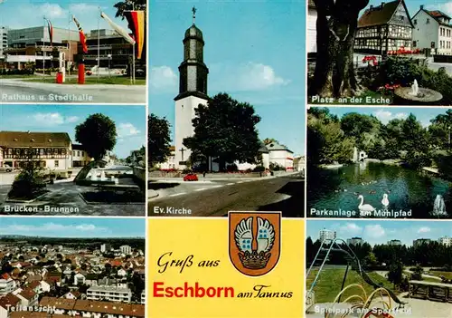 AK / Ansichtskarte 73946175 Eschborn Rathaus Stadthalle Platz an der Esche Brueckenbrunnen Kirche Park Schwanenteich Spielpark Stadtpanorama
