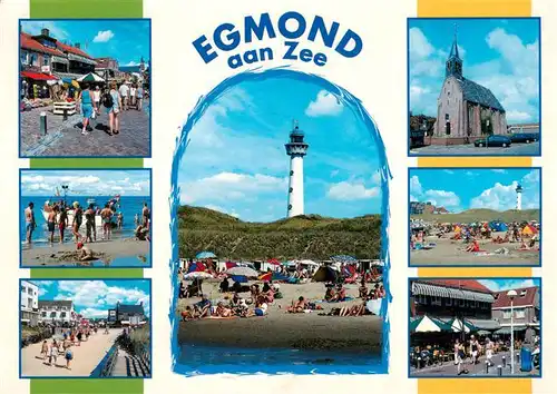 AK / Ansichtskarte 73946281 Egmond__aan_Zee_NL Teilansichten mit Kirche Strand und Leuchtturm
