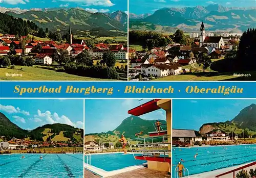 AK / Ansichtskarte 73946497 Blaichach_Allgaeu Sportbad Burgberg Freibad Stadtpanorama Alpen