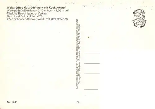 AK / Ansichtskarte  Schonach_Schwarzwald Original Schwarzwaelder Kuckucksuhr Weltgroesstes Holzraederwerk mit Kuckucksruf Trachten