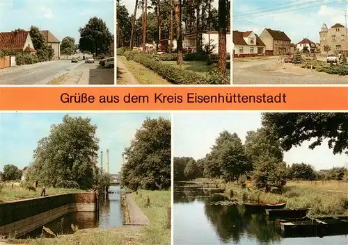 AK / Ansichtskarte 73946790 Eisenhuettenstadt Hauptstrasse Bungalowsiedlung Orderstrasse Schleuse Kraftwerk Brieskow Kanal