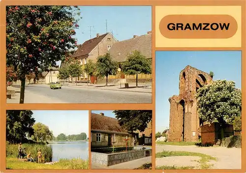 AK / Ansichtskarte 73946851 Gramzow_Uckermark Prenzlauer Strasse Am Klostersee Springbrunnen Ruine der Praemonstratenser Klosterkirche