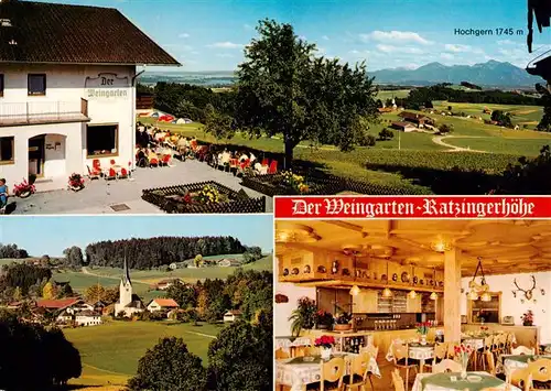 AK / Ansichtskarte 73946880 Greimharting Gasthaus Pension Der Weingarten Ratzingerhoehe Landschaftspanorama gegen Hochgern Ortsansicht mit Kirche