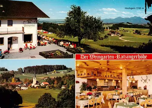 AK / Ansichtskarte 73946882 Greimharting Gasthaus Pension der Weingarten Ratzingerhoehe Landschaftspanorama gegen Hochgern Ortsansicht mit Kirche