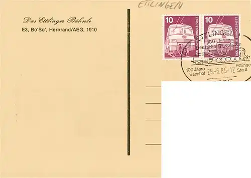 AK / Ansichtskarte 73947145 Ettlingen Ettlinger Baehnle Kuenstlerkarte Sonderstempel 100 Jahre Bahnhof