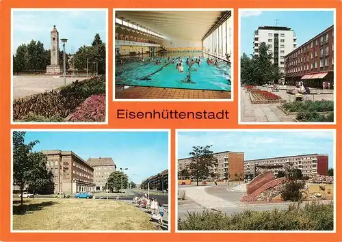 AK / Ansichtskarte 73947164 Eisenhuettenstadt Platz der DS Schwimmhalle Leninallee Strasse der Republik Wohnungskomplex 6