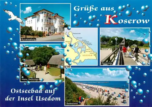 AK / Ansichtskarte 73947392 Koserow_Ostseebad_Usedom Kurverwaltung Histor Salzhuetten Seebruecke Badestrand