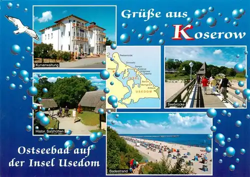 AK / Ansichtskarte  Koserow_Ostseebad_Usedom Kurverwaltung Histor Salzhuetten Seebruecke Badestrand