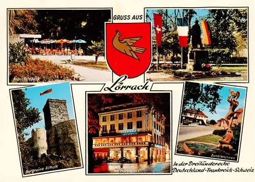 AK / Ansichtskarte 73947809 Loerrach Rosenfelspark Im Hebelpark Burgruine Roetteln Am Marktplatz Zundlbrunnen