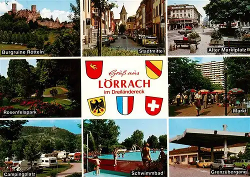 AK / Ansichtskarte 73947815 Loerrach Burgruine Roetteln Stadtmitte Alter Marktplatz Rosenfelspark Markt Campingplatz Schwimmbad Grenzuebergang