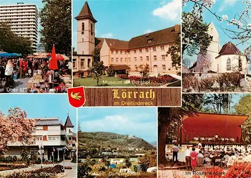 AK / Ansichtskarte 73947821 Loerrach Markt Museum am Burghof Kirche Ev Alten und Pflegeheim Campingplatz Im Rosenfelspark