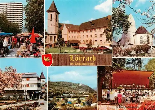 AK / Ansichtskarte  Loerrach Markt Museum am Burghof Kirche Ev Alten und Pflegeheim Campingplatz Im Rosenfelspark