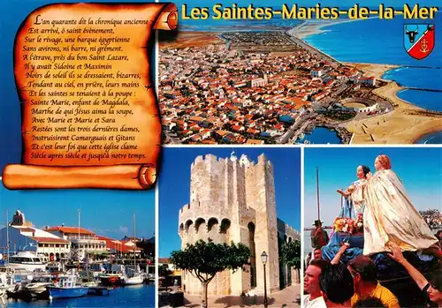 AK / Ansichtskarte  Les_Saintes-Maries-de-la-Mer Vue aérienne de la ville autour de son église fortifiée Arènes Pot Donjon Barque de Saintes en procession vers la mer