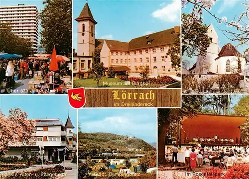 AK / Ansichtskarte 73947994 Loerrach Markt Museum am Burghof Kirche Ev Alten und Pflegeheim Campingplatz Im Rosenfelspark