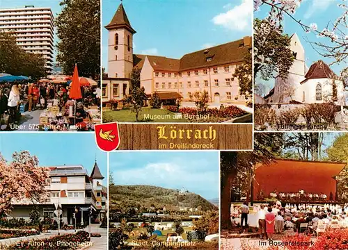 AK / Ansichtskarte  Loerrach Markt Museum am Burghof Kirche Ev Alten und Pflegeheim Campingplatz Im Rosenfelspark