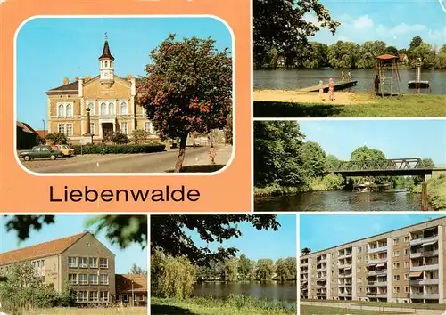 AK / Ansichtskarte 73948028 Liebenwalde Rathaus Freibad Bruecke ueber den Vosskanal Werner Seelenbinder Schule Blick zum See Neubauten Zehdenicker Strasse