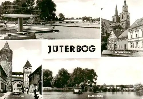 AK / Ansichtskarte 73948037 Jueterbog Schwimmbad St Nikolaikirche Zinnaer Tor Stadtparkteich