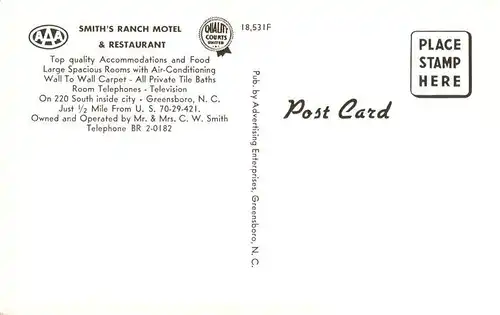 AK / Ansichtskarte 73948685 Greensboro_North_Carolina_USA Smiths Ranch Motel and Restaurant