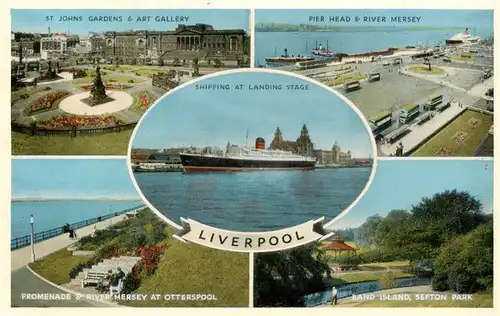 AK / Ansichtskarte 73948738 Liverpool__UK Johns Gardens and Art Gallery Pier Head and River Mersey Shipping at Landing Stage Mersey at Otterspool Band Island Sefton Park