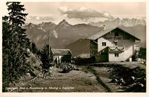 AK / Ansichtskarte  Nesselwang_Allgaeu_Bayern Sportheim Boeck Blick gegen Saeuling und Zugspitze