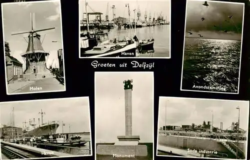 AK / Ansichtskarte  Delfzijl_Delfzyl_NL Molen Haven Avondstemming Monument Soda industrie