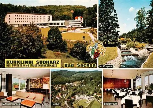 AK / Ansichtskarte  Bad_Sachsa_Harz Kurklinik Suedharz Kurpark Aufenthaltsraum Fliegeraufnahme Speiseraum