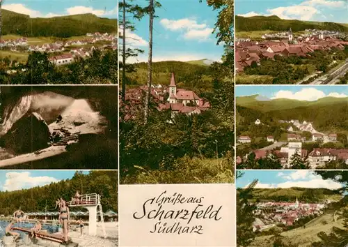 AK / Ansichtskarte 73949390 Scharzfeld_Herzberg_am_Harz Panorama Teilansichten Kirche Schwimmbad