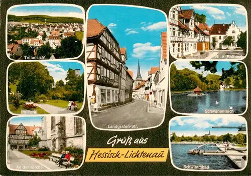 AK / Ansichtskarte 73949402 Hessisch-Lichtenau Panorama Park Kirche Landgrafen Strasse Rathaus Schwanenteich Schwimmbad