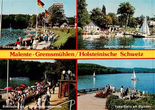 AK / Ansichtskarte 73949545 Malente-Gremsmuehlen Diekseepromenade Segelschule und Bootsverleih Bootssteg an der Diekseepromenade Voss Stein am Dieksee