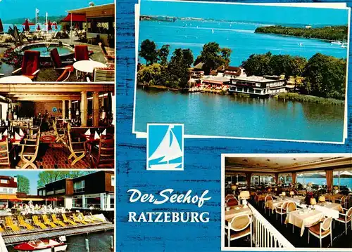 AK / Ansichtskarte 73949553 Ratzeburg Hotel Der Seehof Fliegeraufnahme Brunnen Gastraeume Terrasse