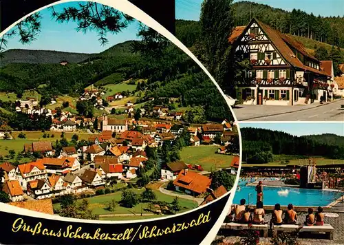 AK / Ansichtskarte 73949836 Schenkenzell Panorama Luftkurort im Schwarzwald Fachwerkhaus Freibad