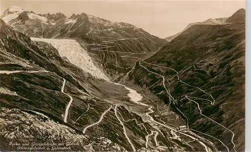 AK / Ansichtskarte  Furkapass Furka- und Grimselstrasse mit Gletsch Rhonegletscher und Galenstock Serpentinen Gebirgspass