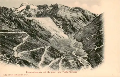 AK / Ansichtskarte  Rhonegletscher_Glacier_du_Rhone_VS mit Grimsel- und Furkastrasse Alpenpass Serpentinen
