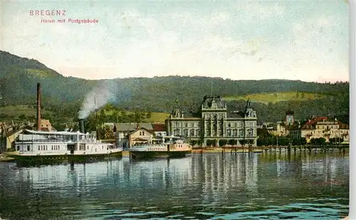 AK / Ansichtskarte  Bregenz_Vorarlberg_Bodensee Hafen mit Postgebaeude Dampfer