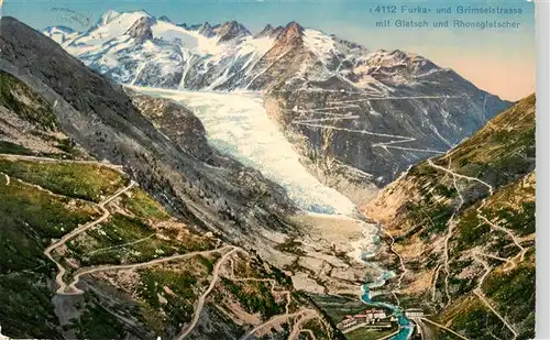 AK / Ansichtskarte  Furka_2431m_UR und Grimselstrasse mit Gletsch und Rhonegletscher