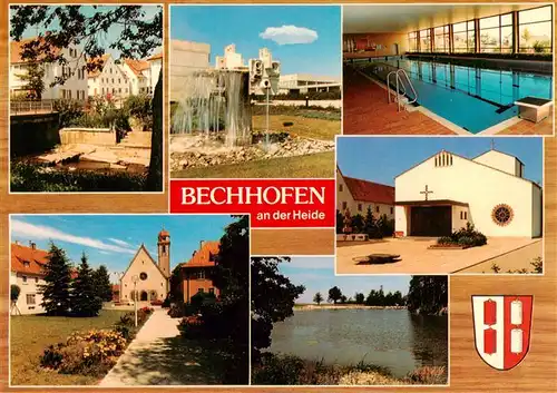 AK / Ansichtskarte 73951067 Bechhofen_Mittelfranken Teilansichten Brunnen Kirche Hallenbad See