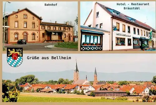 AK / Ansichtskarte 73951075 Bellheim Bahnhof Hotel Restaurant Braeustuebl Ortsansicht mit Kirchen