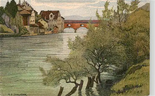 AK / Ansichtskarte  Schlatter_E.E._Kuenstlerlitho Bruecke Fluss