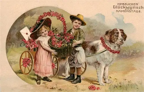 AK / Ansichtskarte  Bernhardiner_Hund_Dog_Chien 7697 Kinder Blumen Koerbchen