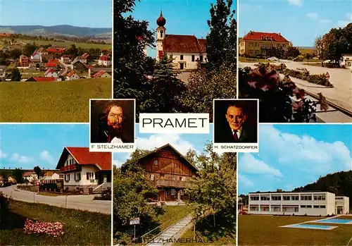 AK / Ansichtskarte 73951423 Pramet_Oberoesterreich_AT Panorama Kirche Schloss Portraits Stelzhamer und Schatzdorfer Schule