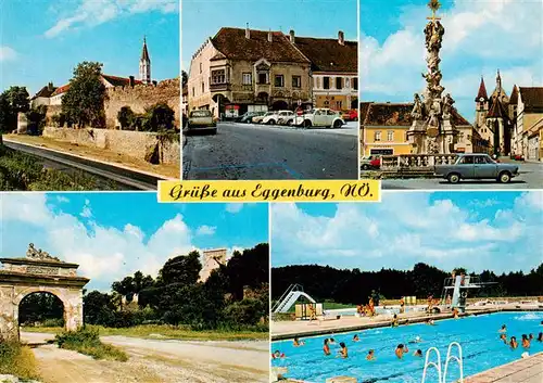 AK / Ansichtskarte  Eggenburg_Niederoesterreich_AT Klosterkirche Sgraffitihaus Dreifaltigkeitssaeule Alte Burg Schwimmbad