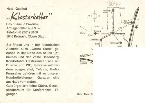 AK / Ansichtskarte  Kronach_Oberfranken Hotel Gasthof Klosterkeller Gastraum Fremdenzimmer