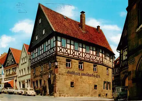 AK / Ansichtskarte 73951459 Kronach_Oberfranken Lucas-Cranach-Geburtshaus Gasthaus zum scharfen Eck Fachwerkhaus Altstadt