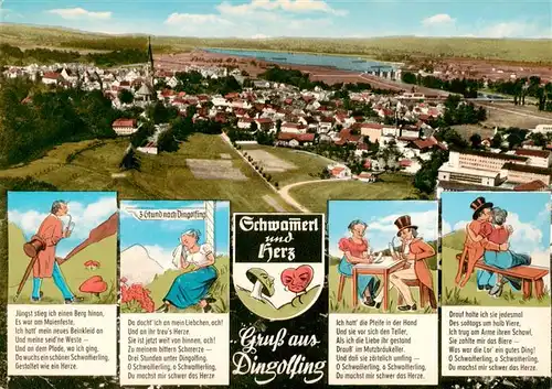 AK / Ansichtskarte 73951507 Dingolfing Panorama Luftaufnahme Karikaturen Schwammerl und Herz