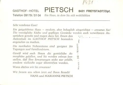 AK / Ansichtskarte 73951519 Freystadt_Oberpfalz Gasthof Hotel Pietsch Restaurant