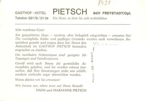 AK / Ansichtskarte  Freystadt_Oberpfalz Gasthof Hotel Pietsch Restaurant